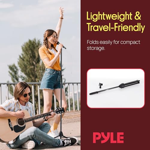 Image of Pyle Tripod Microphone Stand, Height Adjustable from 39.37 inch to 66.14'', Mic Stand for Floor, Sturdy and Durable Build, Non-Slip Rubber Feet, With 5 /8 inch Screw Adapter, Cable Clip, Compact Folding Design