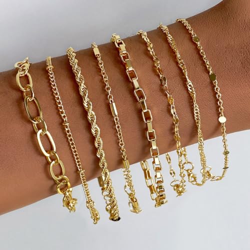 IFKM Gold Bracelets for Women, 14K Gold Plated Dainty Link Chain Bracelet set, Trendy Stackable Layered Bracelets jewelry Gifts2
