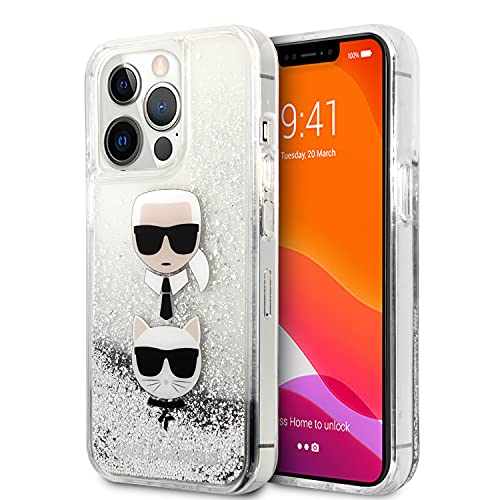 KARL LAGERFELD KLHCP13XKICGLS Coque de Protection pour iPhone 13 Pro Max 6,7" Argent Liquid Glitter Karl&Choupette Head
