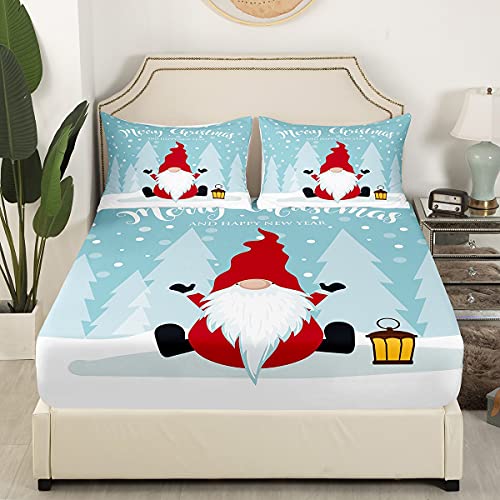 Scandinavian Christmas Santa Gnomes Bedding Sets Christmas Tree Bed Sheets Xmas Santa Dwarf Fitted Sheet Cute Cartoon Sheet Set Deep Pocket 4 Pieces Top Flat Sheet 2 Pillow Cases Queen #TOP1