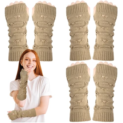 MAKCNMYM 3 Pairs Arm Warmers Y2K Khaki Fairy Grunge Gloves Long Fingerless Gloves Harajuku Ripped Crochet Knitted Sleeves