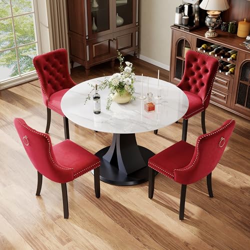 Image of 5-Piece Dining Table Set with 39In Faux Marble Table and 4 Velvet Upholstered Chairs, Modern Scandinavian Furniture for Dining Room Kitchen(Burgundy)