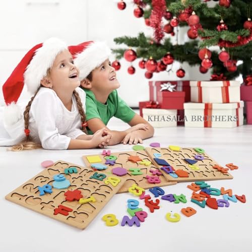 Image of Khasala Brothers Wooden ABCD Alphabet Number Shape Explorative Puzzles Toddler Learning Puzzles,Educational Activity Boards Toys for Child Boys and Girls (12345)