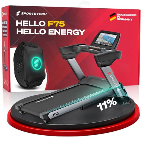 Sportstech F75 Laufband klappbar für Zuhause bis 150 kg & 20 km/h Treadmill mit 11% Steigung 21 5 Zoll Touchdisplay App-Steuerung Bluetooth leiser Motor inkl. sPulse Pulsgurt