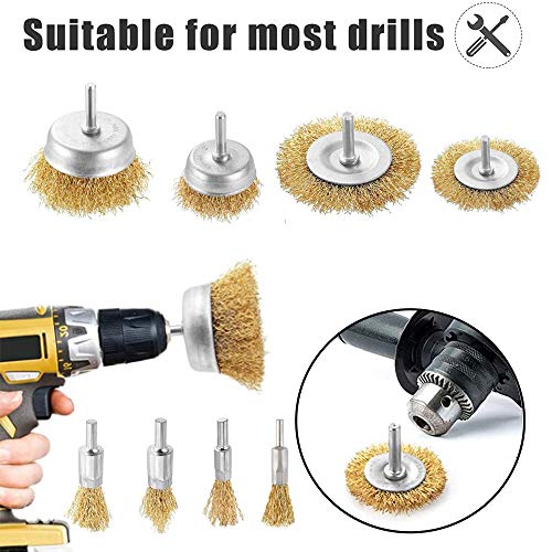 XUBX 9 stuks draadborstelset, Staalborstel Wheel Polijsten Slijpen staalborstel, draad polijstschijf, voor boormachine Staaldraadborstels, ronde as 6mm, voor het verwijderen van roest/corrosie/verf - Afbeelding 6