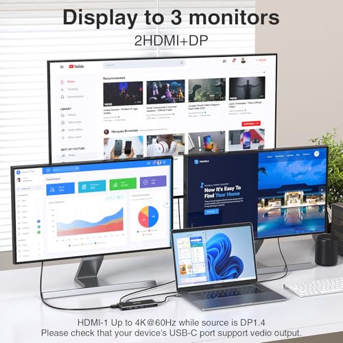 Image of USB C Docking Station 3 Monitors USBC Hub Laptop Dual Monitor Multiport Adapter Dock Dongle,USBC to 2 HDMI,4K DisplayPort,PD Charging,Ethernet,7 USB-C /A Ports,SD /TF,Audio for Dell /HP /Lenovo(Black)