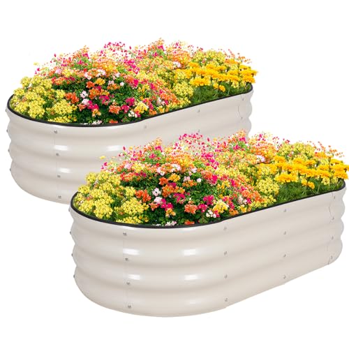 Zettfuly Galvanisiertes Hochbeet Kit - 120 x 60 x 30cm Outdoor Metall Pflanzkasten mit Sicherheitsrand und Handschuhe für Gemüse, Obst, Blumen, Kräuter (Weiß, 2PCS)