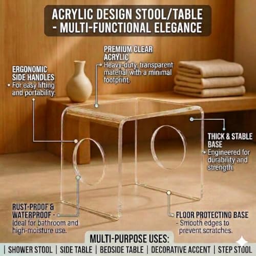 Image of Premium 15mm Thick Acrylic Bathroom Stool, Heavy Duty Multipurpose Sitting Patla for Shower and Home Rust Free Modern Home Decor Seat, 12x15x12Inches (Transparent)