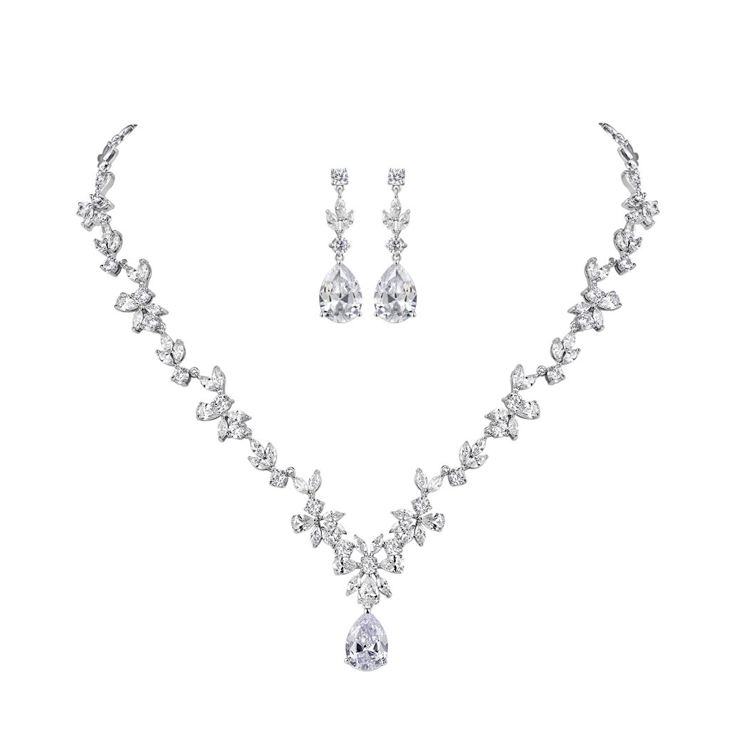 SNORSOWomen's Jewellery Set White Gold Plated Jewelry Set with AAA Cubic Zirconia Teardrop Necklace Dangle Earrings Set, Wedding Party Jewellery for Bridal Bridesmaid