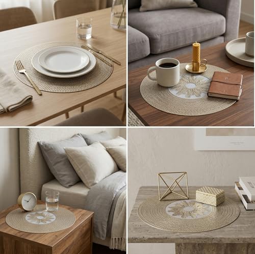 Image of Yellow Weaves 2 Pcs PVC Hollow Woven Design Table Placemat, Dining Table Mat, Anti-Skid, Washable, Dining, Kitchen, Restaurant Table Set Easy to Clean, Durable (Hollow Golden)