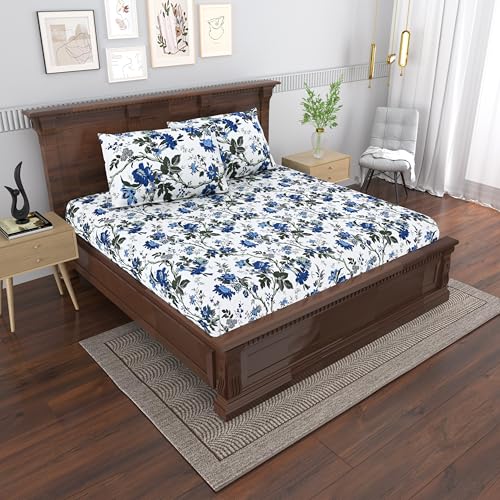 Image of Mafatlal Saanjh 144 TC Cotton Double Bedsheet 90x100 Inch | Soft Floral Printed Bed Sheet | Breathable Comfort Fabric | 2 Pillow Covers Included | Sapphire Blue