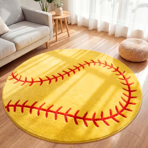 Dunzy 4ft/48 Inch Softball Rug for Boys Room Sports Themed Room Decor for Kids Round Soft Washable Rugs with Non Slip Backing Softball Themed Round Area Blanket for Bedroom Living Rooms Playroom Decor