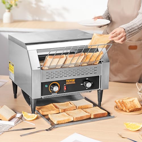 Image of VEVOR 1770W Commercial Conveyor Toaster, 450 Slices per Hour, Heavy Duty Electric Toaster Oven, Food-Grade 304 Stainless Steel Conveyor Belt, Dual Knob Control, for Restaurant Bakery Bread Bagel Bun