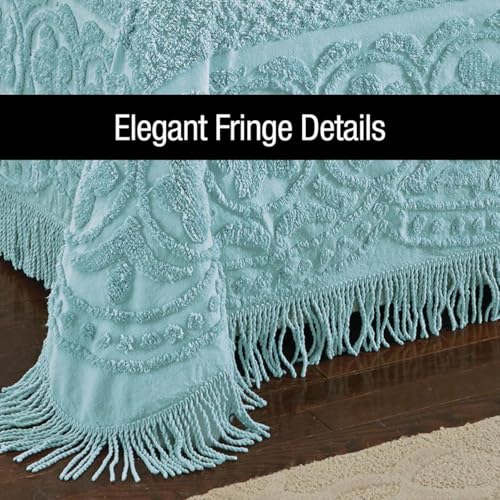 Image of Collections Etc Calista Chenille Lightweight Bedspread with Fringe Border, Turquoise, Queen