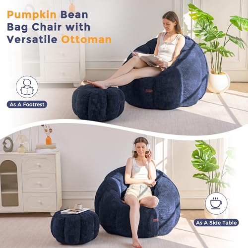 Image of MAXYOYO Giant Bean Bag Chair with Ottoman, Pumpkin-Shaped Bean Bag Sofa with Footstool, Oversized Boneless Couch Chair in a Box, Comfy and Lazy Lounge for Dorm, Living Room, Bedroom, Navy