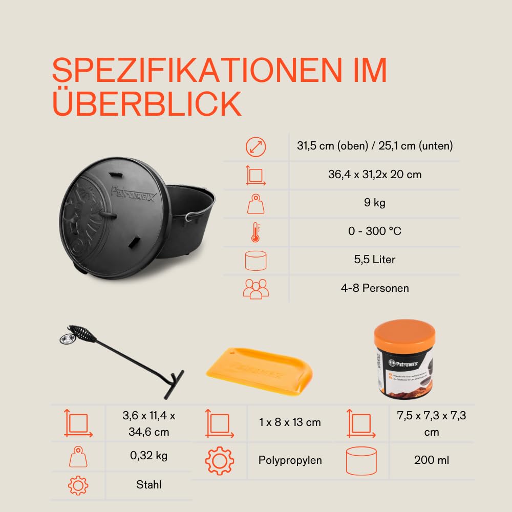 Petromax Feuertopf ft6t Einsteiger-Set - Dutch Oven mit planem Boden inklusive Deckelheber, Pflegepaste und Schaber - für alle Grillarten und offenes Feuer - 5,5 Liter