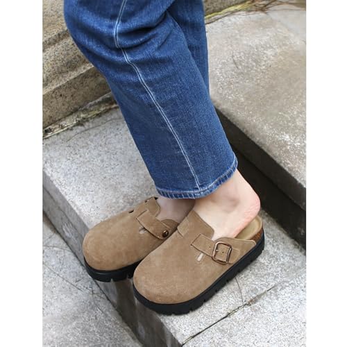 Image of Women's Suede Platform Clogs Leather Mules Slip On Indoor Outdoor Shoes | Arch Support, Cork Footbed, Adjustable Buckle,Water Resistant Upper,All Day Comfort
