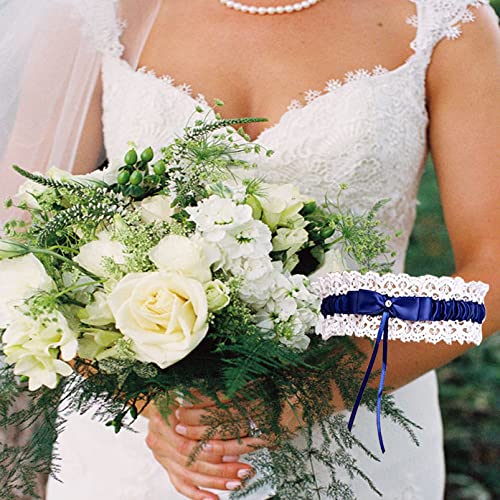 Giarrettiere Da Sposa In Pizzo - Set Da 2 Pezzi, Bianco, Con Strass Blu E Fiori - Foto 12