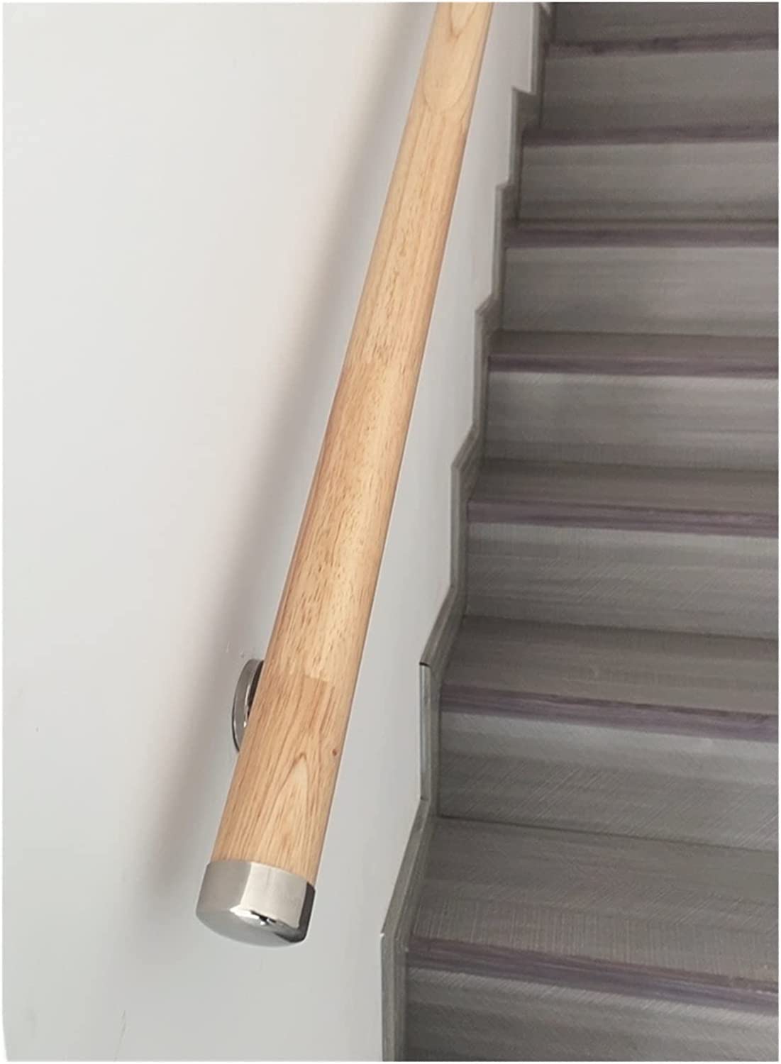 Wooden Handrail Non-Slip Wood Stair Handrails for Home Kindergarten Corridor Railing Villa Loft, Including Stainless Steel End Caps and Brackets(0.6m(2ft))