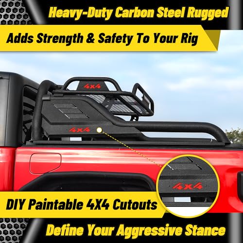 Image of MONOKING DIY Color Roll Bar with Detachable Cargo Basket 3rd Brake Light, Mid Size Sport Bar Tonneau Cover for 2007-2026 Gladiator JT Tacoma Frontier Canyon Colorado Ranger, Carbon Steel Chase Rack