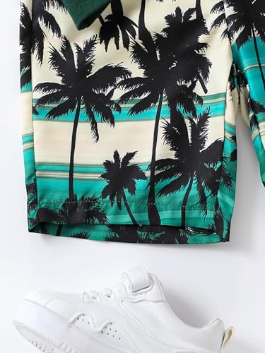 Image of GORGLITTER Boy's 2 Piece Summer Outfit Tropical Print Crewneck Tank Top Hawaiian Shorts Set Summer Beach Clothes Army Green 9-10Y
