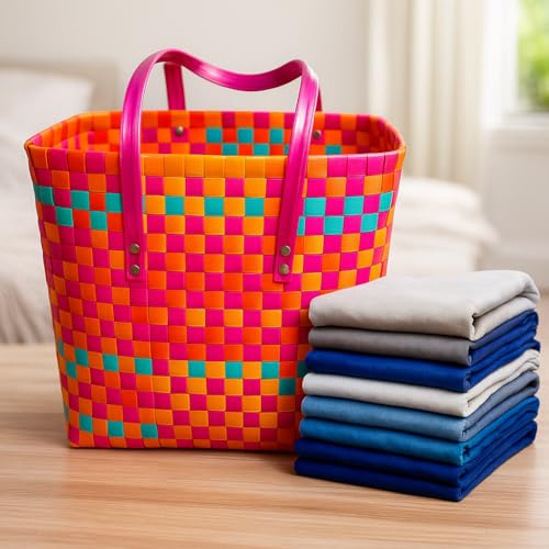 Image of Hand Made Multipurpose Plastic Basket with Lid | Eco-Friendly, Washable, Rust-Free Storage Basket for Kitchen, Picnic, Toys, Travel, Office | Lightweight basket (Orange with yellow, XL)