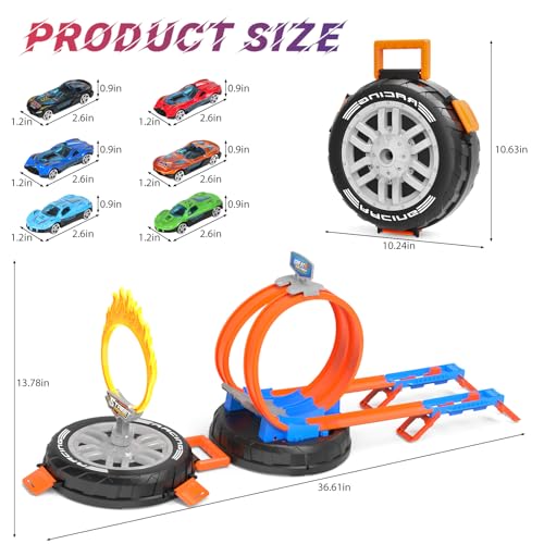 Image of Toy Car Race Track Set for Kids Ages 4-8, Stunt Tire-Shaped Case Transforms into Race Course, 6 Cars in 1:64 Scale, 2 Ways to Play, Action Loop Cyclone Challenge & Speed Snap Track