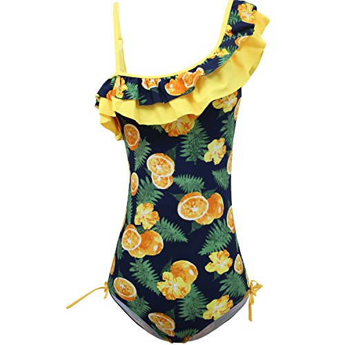 Image of Girls Lemon Double Ruffle One Shoulder Adjustable Swimwear Fashionable One Piece Bathing Suit(5y-16y)