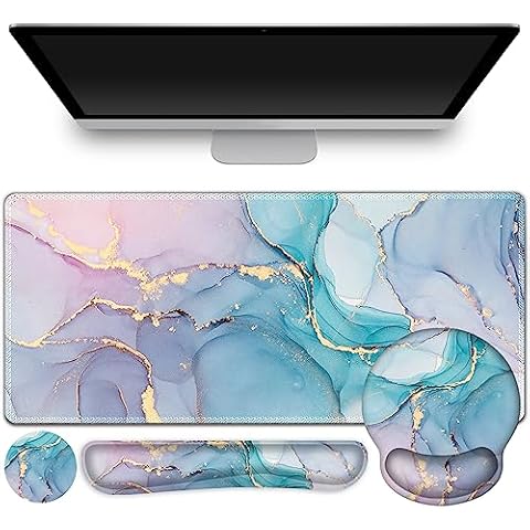 ToLuLu Desk Mat, XXL Large Mouse Pad Wrist Support Set，4 in1 Gaming Mousepad Desk Pad+ Ergonomic Mouse Pad with Wrist Rest + Keyboard Wrist Rest+Coaster for Home Office Computer, Blue Glitter Marble Cover