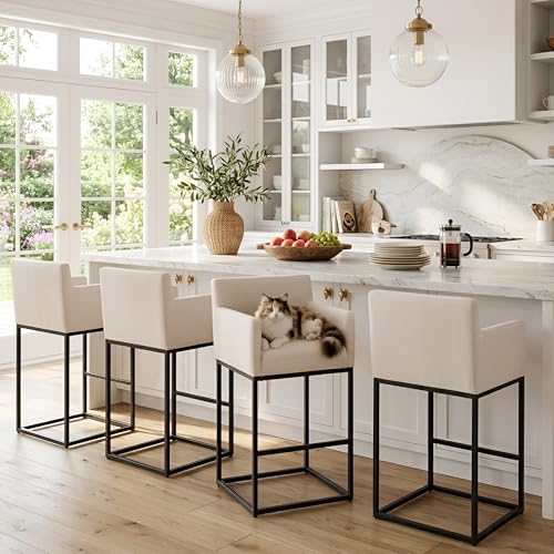Image of HNY Modern Counter Height Bar Stools Set of 4, Linen Fabric Upholstered Bar Stools with Backs, 30 Inch Kitchen Island Stools with Black Metal Frame, Cream