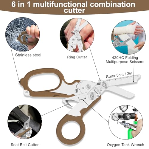 Image of Lemasa6 in 1 Multifunctional Combination Tool, Folding Retractable Emergency Shears, Outdoor Camping Tools, Seat Belt Cutter, Oxygen Cylinder Wrench, Complimentary Adjustable Wrench (Bean Sand Colour)
