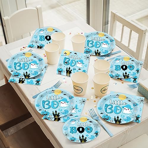 Image of 96PCS Halloween Little Boo Baby Shower Plates and Napkins for Boo baby shower Decorations Disposable Blue and Black Dinnerware Plates Napkins Forks for Halloween Party Favors