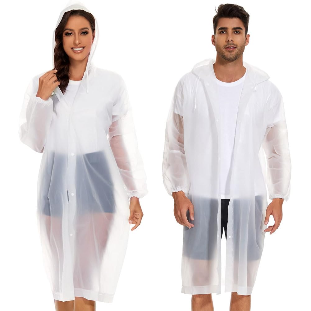 Goodern 2 PCS Adults Raincoat Rain Poncho,Reusable EVA Rain Coat for Unisex,Lightweight Comfortable Rainproof Poncho Outdoor Travel Fishing Portable Raincoat with Drawstring Hood & Elastic Cuff-White