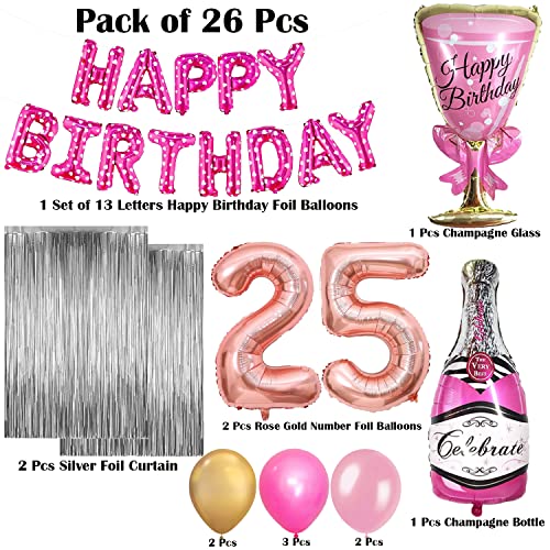 Image of Rozi Decoration 25th Birthday Decoration Pink Theme Champagne Glass, Bottle, Fringe Foil Curtain and Metallic Balloons Happy Birthday Kit for Wife, Women, Sisters, Girls Birthday Decor Pack of 26 Pcs