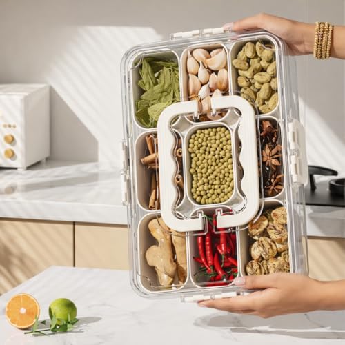 Image of DecorTwist 9 Compartment Fridge Organizer Box with Lid | Fruit & Vegetable Storage Container | BPA Free Serving Tray for Snacks, Dry Fruits, Nuts | Airtight | Food Grade Plastic (Pack of 1)