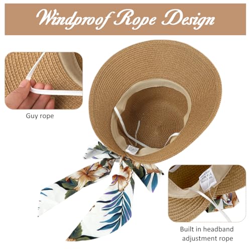 Image of PALAY Straw Hat Sun Hats for Women, Wide Brim Beach Hat for Women Summer with Printed Ribbon, Fashion UV Protection Visor Cap, Packable Travel Hat for Ladies Gift