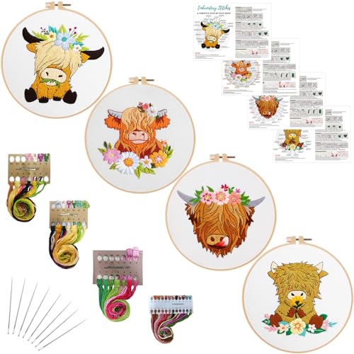 Louise Maelys 4 Sets Highland Cow Embroidery Kits for Beginners,Cross Stitch Kit for Adults,DIY Needlepoint for Starters Including Embroidery Hoop,Cloth, Instruction and Threads
