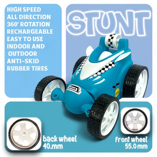 Image of 360 Degree Rechargeable Remote Control Small Stunt Car Toy for Kids, 4WD RC Off-Road Rock Crawler Vehicle for Boys & Girls, Anti-Skid Rubber Tires for Indoor Outdoor Play, Blue, 368
