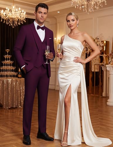Image of WULFUL Men's Slim Fit Suit One Button 3-Piece Blazer Dress Business Wedding Party Jacket Vest & Pant