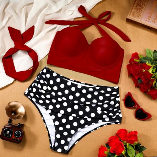 JaGely 4 Pcs 1950s Women Retro Bikini Sets Vintage High Waisted Swimsuits Wire Headband and Heart Sunglasses4
