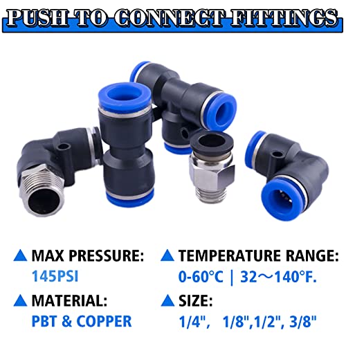 50 Pcs Air Line Fittings Assortment Kit, Npt Thread Push To Connect Air Fittings, 1/4,1/8, 3/8, 1/2 Inch Quick Release Pneumatic Connectors For Automotive Car Or Industrial Workshops #TOP3