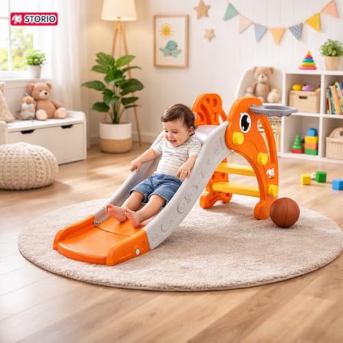 Image of Storio Toddler Small Size Slide with Basketball Hoop Dolphin Themed Indoor & Outdoor for Kids Ages 1-2 | Orange | Safe, Sturdy & Fun Playset | Easy Assembly Toddler Slide for Boys & Girls