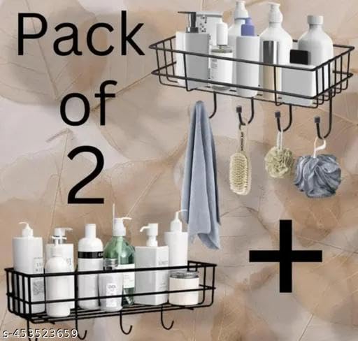 (Pack of 2) Steel Self-Adhesive Multipurpose Bathroom Shelf with Hooks/Towel Holder/Rack/Bathroom Accessories-Wall Mount - Pack of 2 (Black,Powder Coated) 3