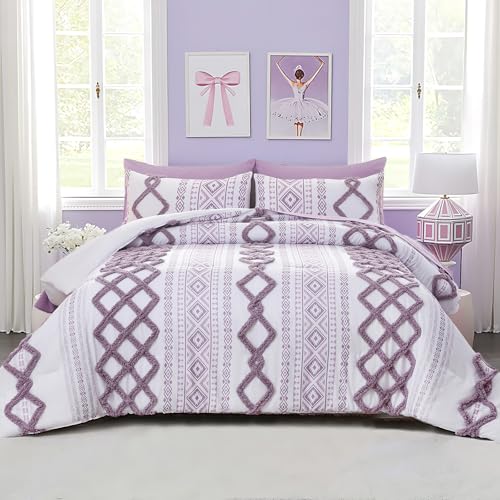 Image of MOVE OVER 7 Pieces Purple Tufted Bed in a Bag King Size Boho Chic Farmhouse Bedding Set Soft Microfiber Ethnic Aztec Comforter Sets for Bedroom Mid-Century Bohemian Bedding Comforter Set