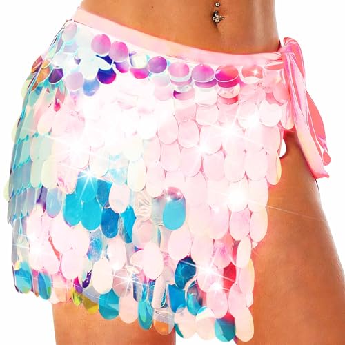 Nicute Big Sequin Skirt Short Mermaid Skirt Sparkly Metallic Belly Dance Rave Costume for Women (Pink)