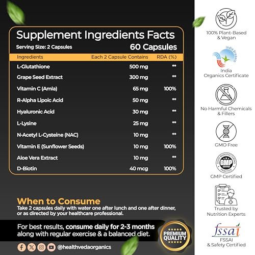 Health Veda Organics L-Glutathione 1000 mg, 60 Veg Capsules 60 Count - Image 3