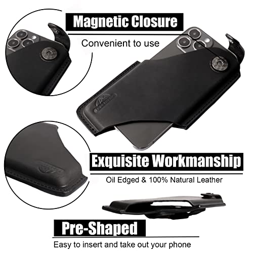 Topstache Leather Phone Holster With Belt Clip Loop, Leather Belt Case With Magnetic Closure,Cell Phone Case For Iphone, Belt Phone Pouch For Samsung,Leather Phone Sheath For Belt,Black,Large #TOP2