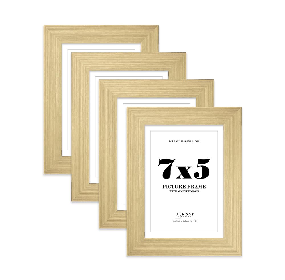 7x5" Gold Frame With Mount for 6x4" Pictures 28mm Edge Portrait and Landscape Display with Wall Hooks and Kickstand, 4 Pack