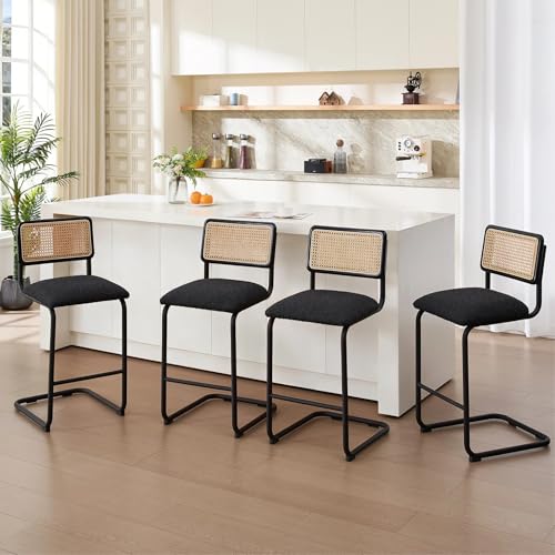 Image of Zesthouse Natural Rattan Counter Stools Set of 4, 26'' Mid Century Modern Counter Height Barstools with Solid Wood Back & Cane Mesh, Upholstered Black Boucle Bar Stools for Kitchen Island, Chrome Base
