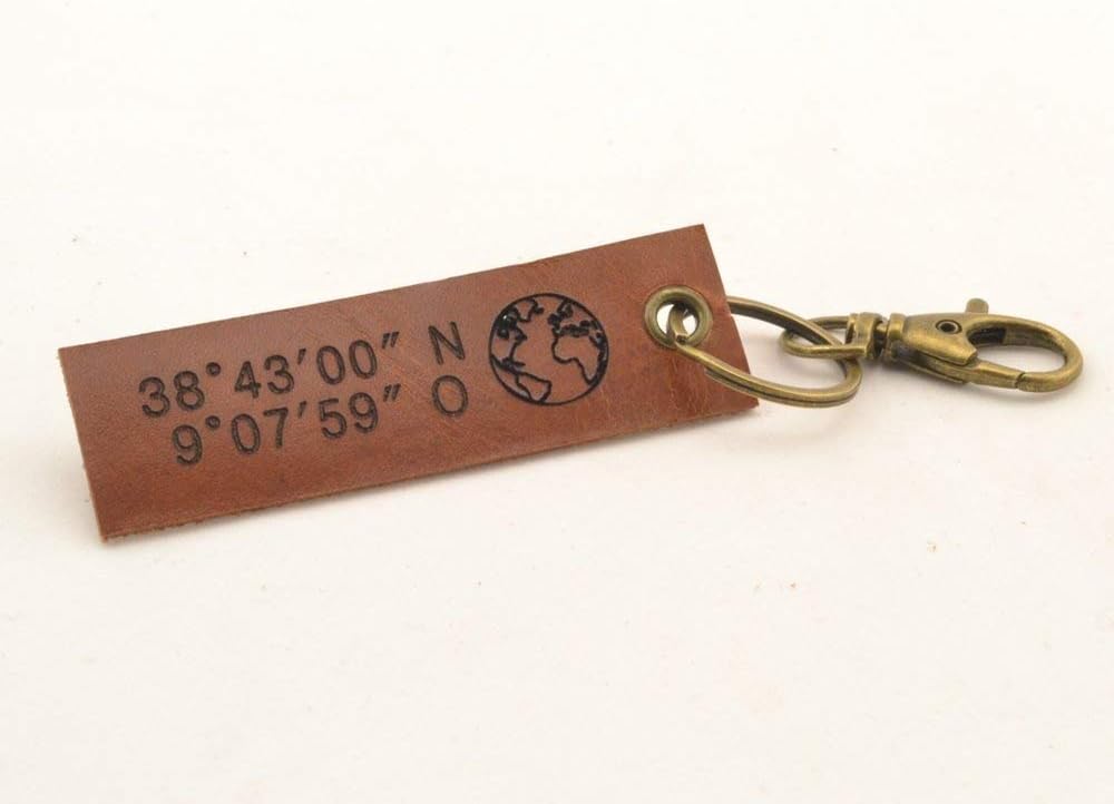 GPS coordinates leather keychain